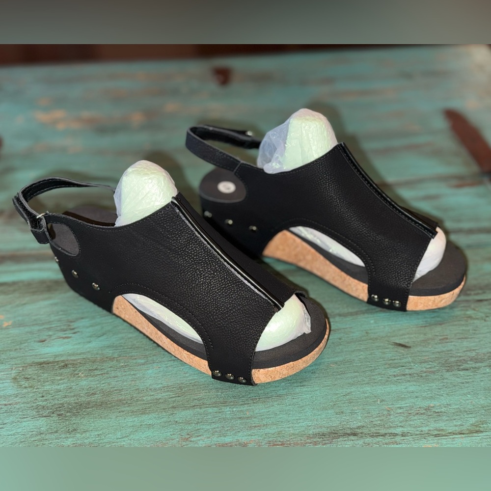 NWOT Black Ladies Wedge Sandals